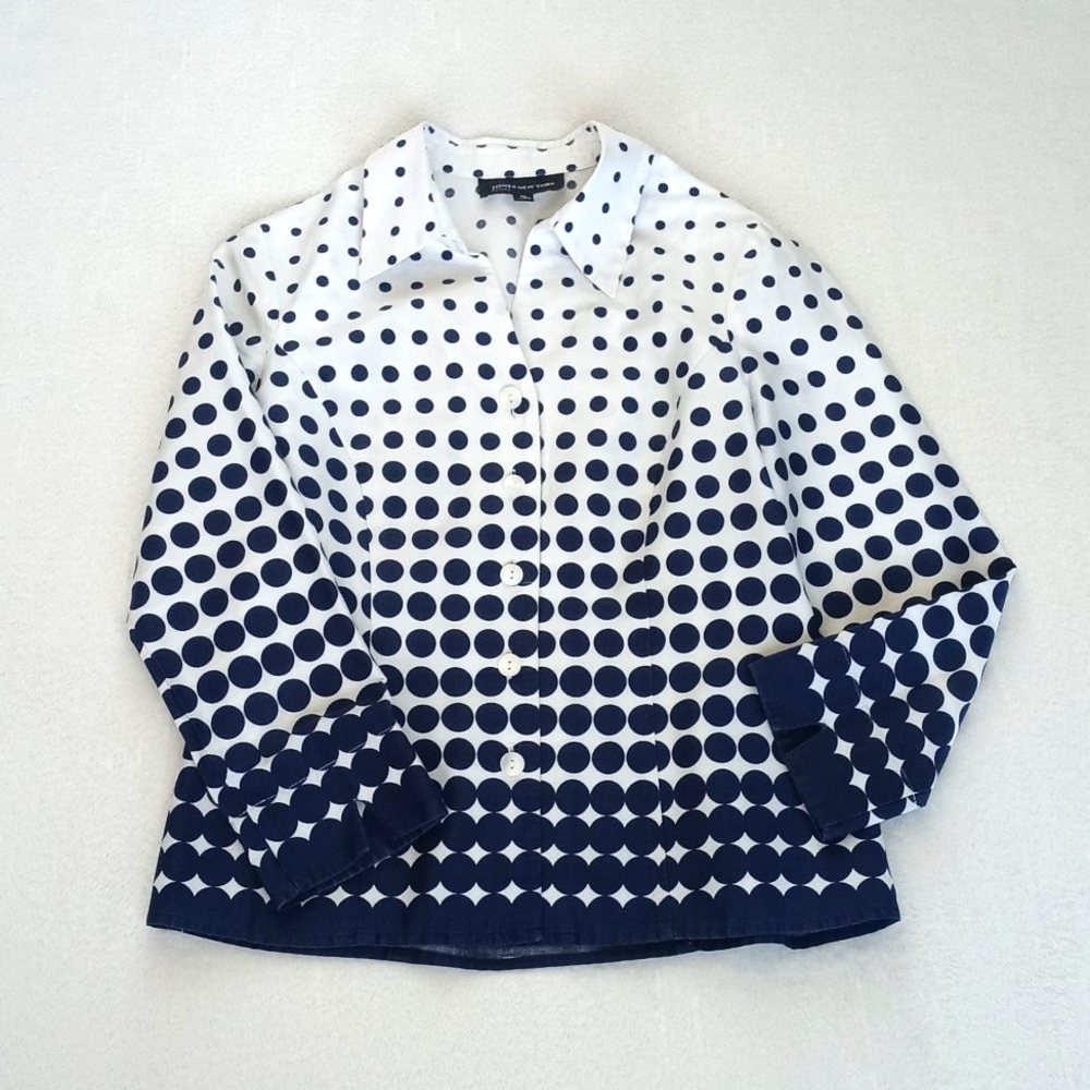 Jones New York White w Navy Blue Polka Dot Mid-Century Modern 3/4 Sleeve Top P/S - Picture 11 of 12